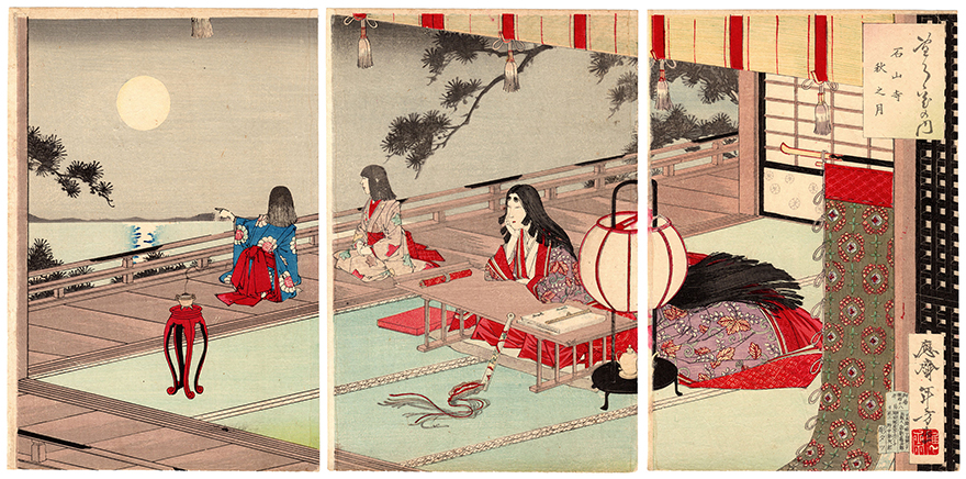 Woodblock print of women and girls viewing moon