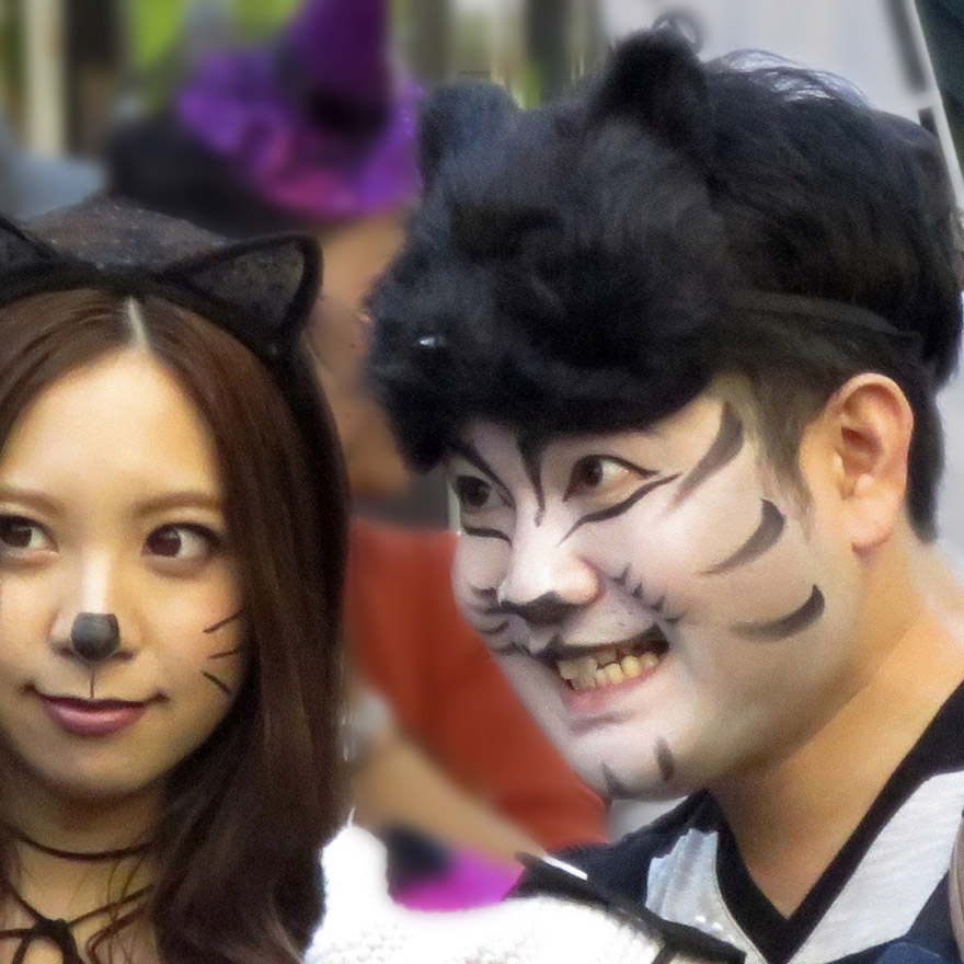 People dressed up as crazy ghost cats in the Bakeneko Parade in Kagurazaka